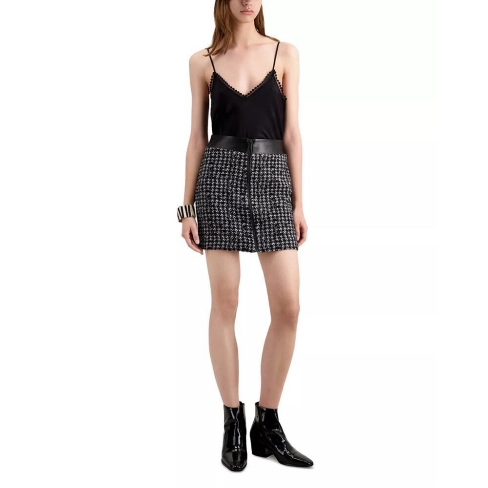 The Kooples Houndstooth Tweed Mini Skirt Leather Waist Zip Front Size 1 NWT